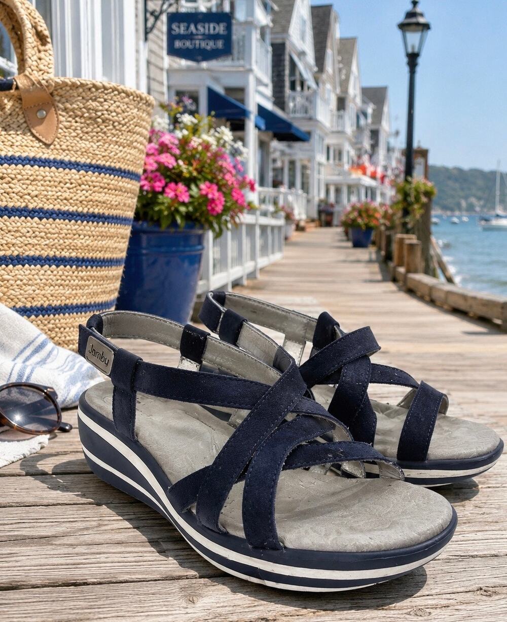 Jambu Ginger Womens 8M Navy Leather Slingback Strappy Wedge Comfort Sandals